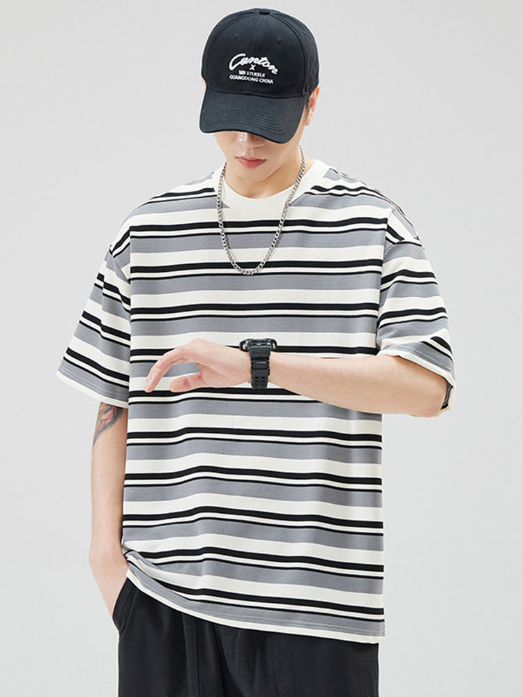 Men Striped Cotton T-Shirt Loose Fit Summer Brown White