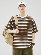 Men Striped Cotton T-Shirt Loose Fit Summer Brown White