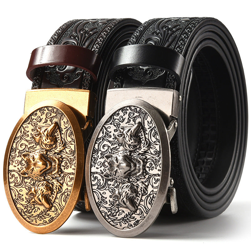Men Leather Belt with Tiger Carved Buckle Black Gold