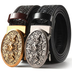 Men Leather Belt with Tiger Carved Buckle Black Gold