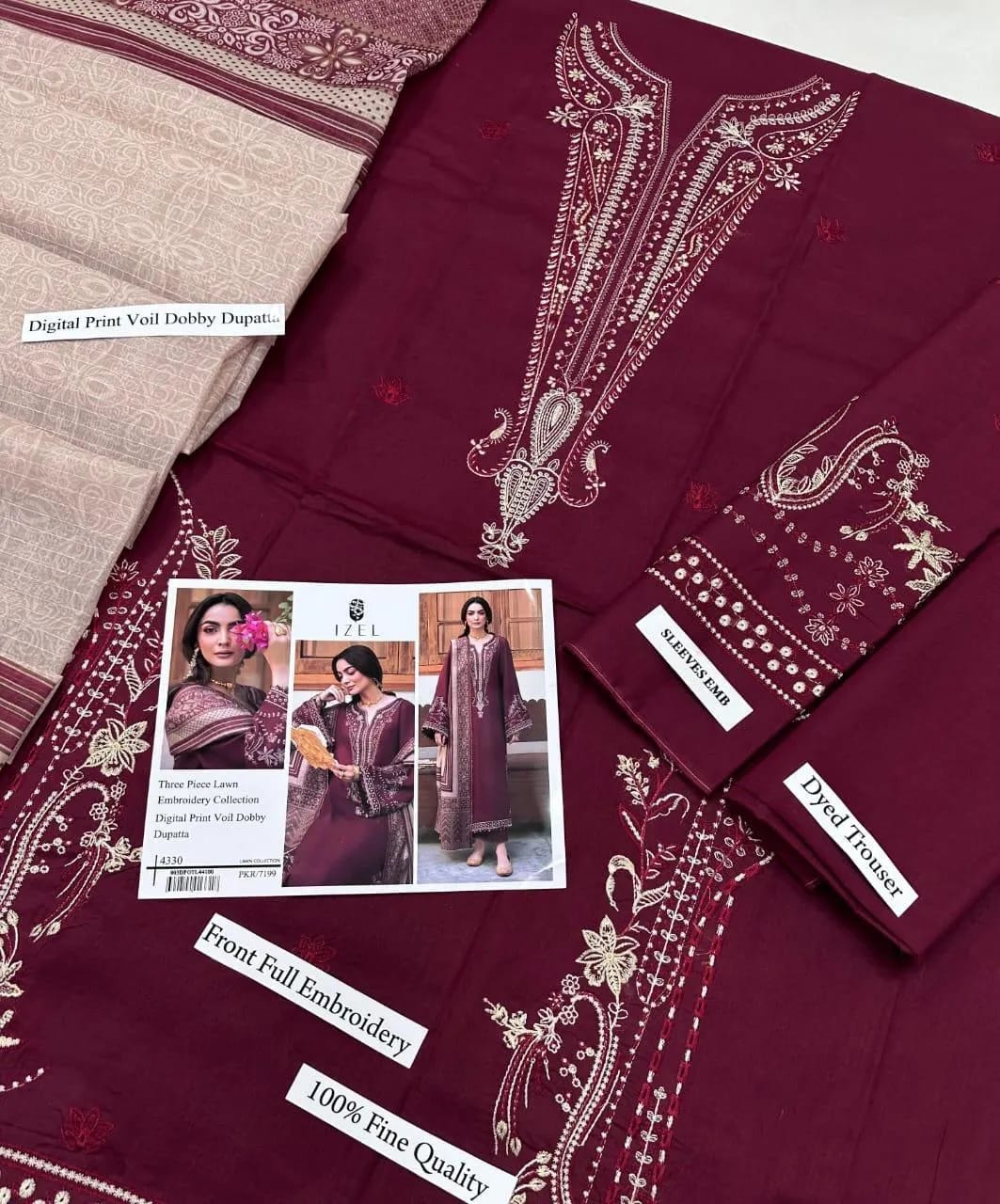 Maroon Embroidered 3 Pcs Lawn Suit for Eid &amp; Parties