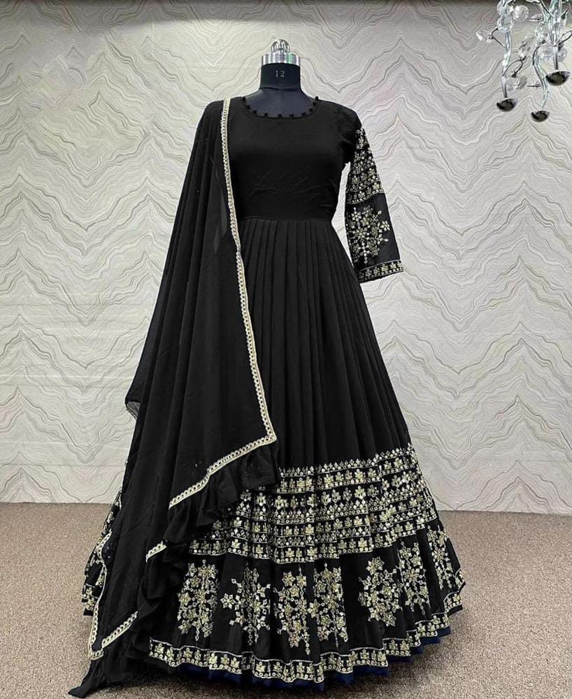 Black Embroidered Shamoz Silk Maxi Set for Women
