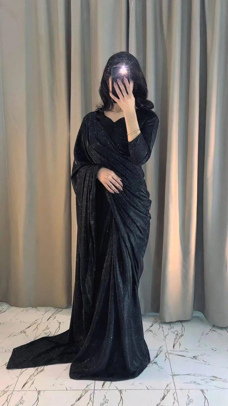 Black Glitter Saree with Long Sleeves &amp; Floor Length