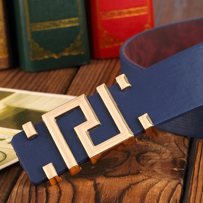 Men Blue Cloth Jeans Belt with Golden Buckle