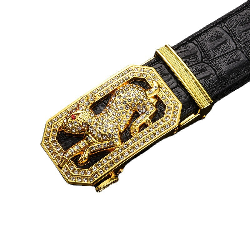 Men Gold Leopard Buckle Crocodile Belt