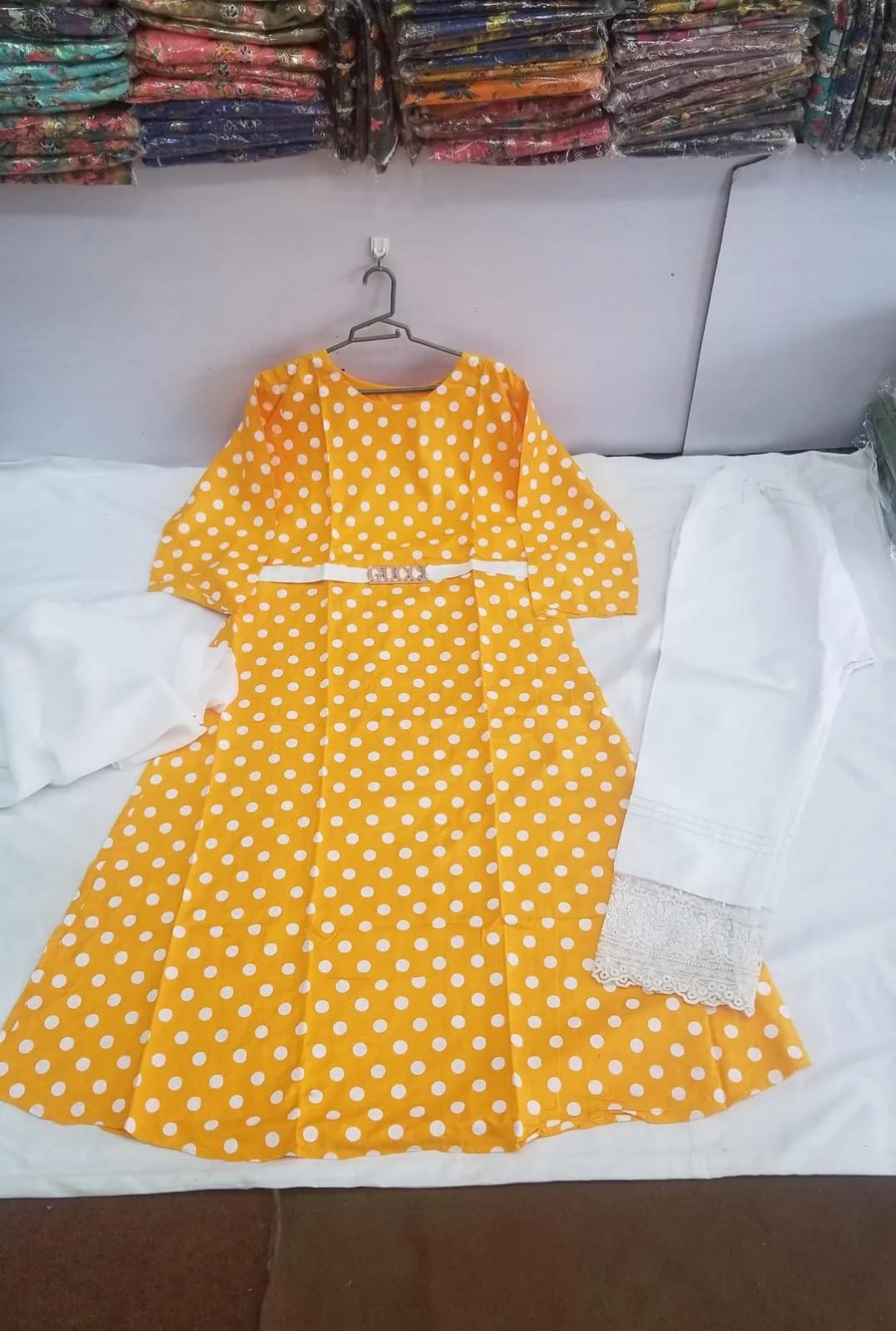 Women Yellow Polka Dot Kurta Set with White