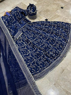 Deep Blue Golden Embroidered 3-Piece Shamoz Silk Eid Set