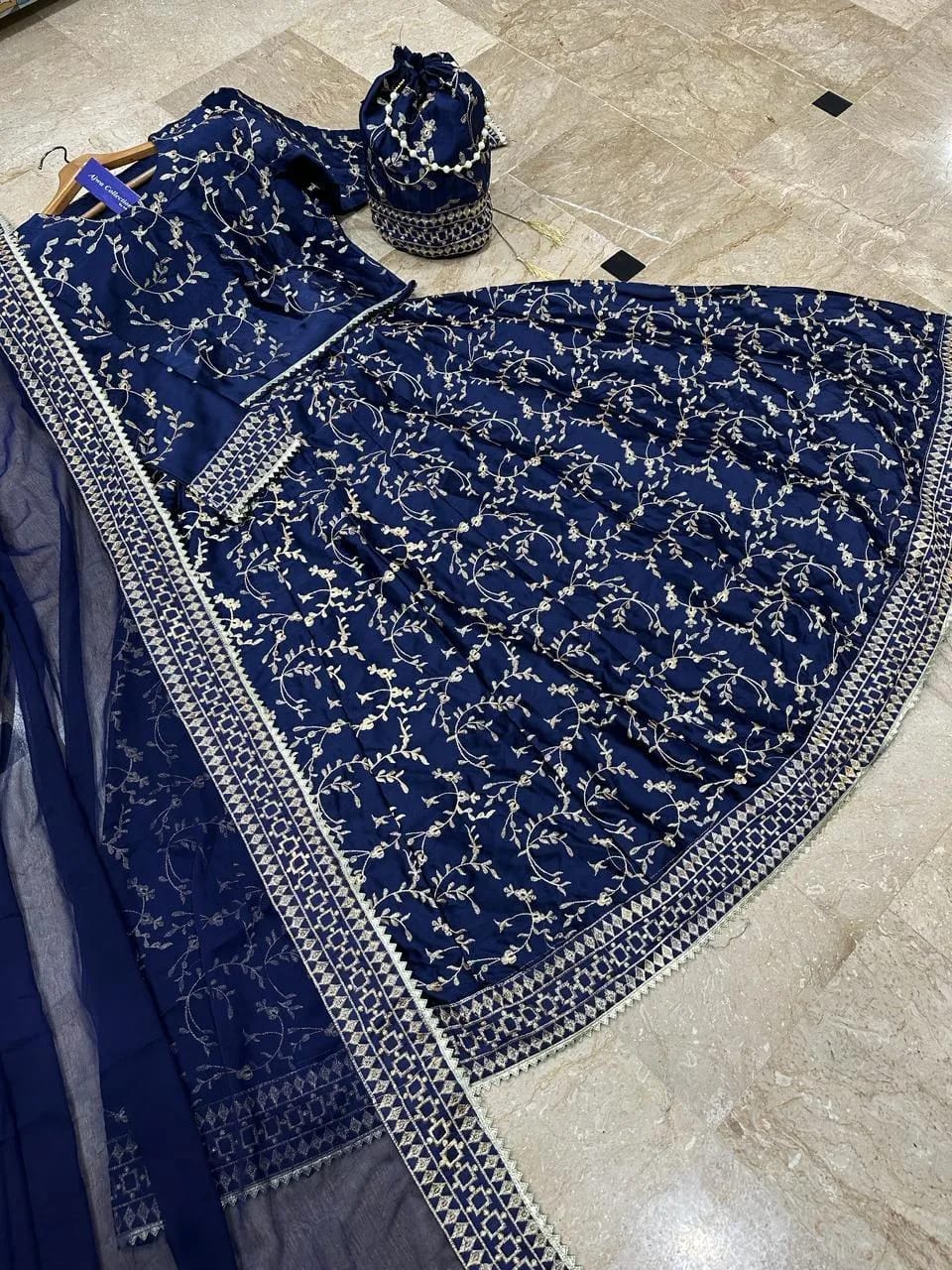 Deep Blue Golden Embroidered 3-Piece Shamoz Silk Eid Set