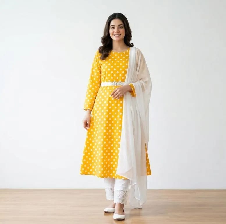 Women Yellow Polka Dot Kurta Set with White