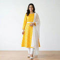 Women Yellow Polka Dot Kurta Set with White