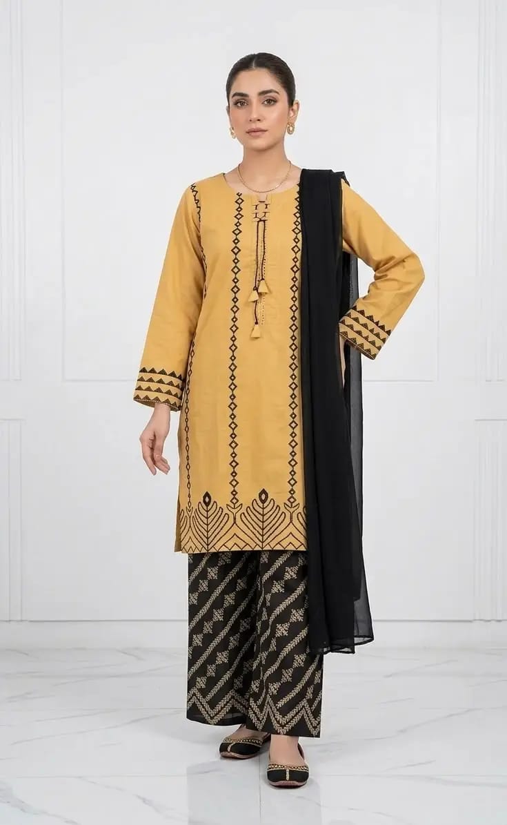 3 Pcs Women's Stitched Cotton Lawn Block Printed