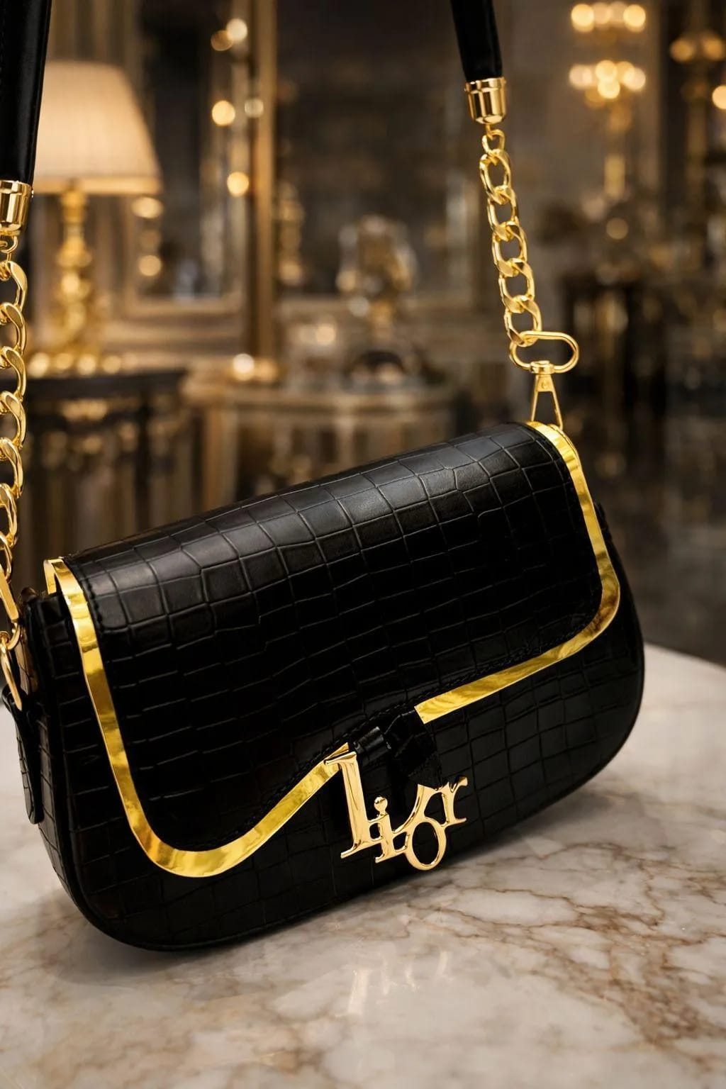 Black Crocodile Rexine Shoulder Bag for Girls