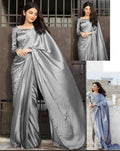 Silver Silk Attached Saree with Petticoat &amp; 7 Yards Stitch