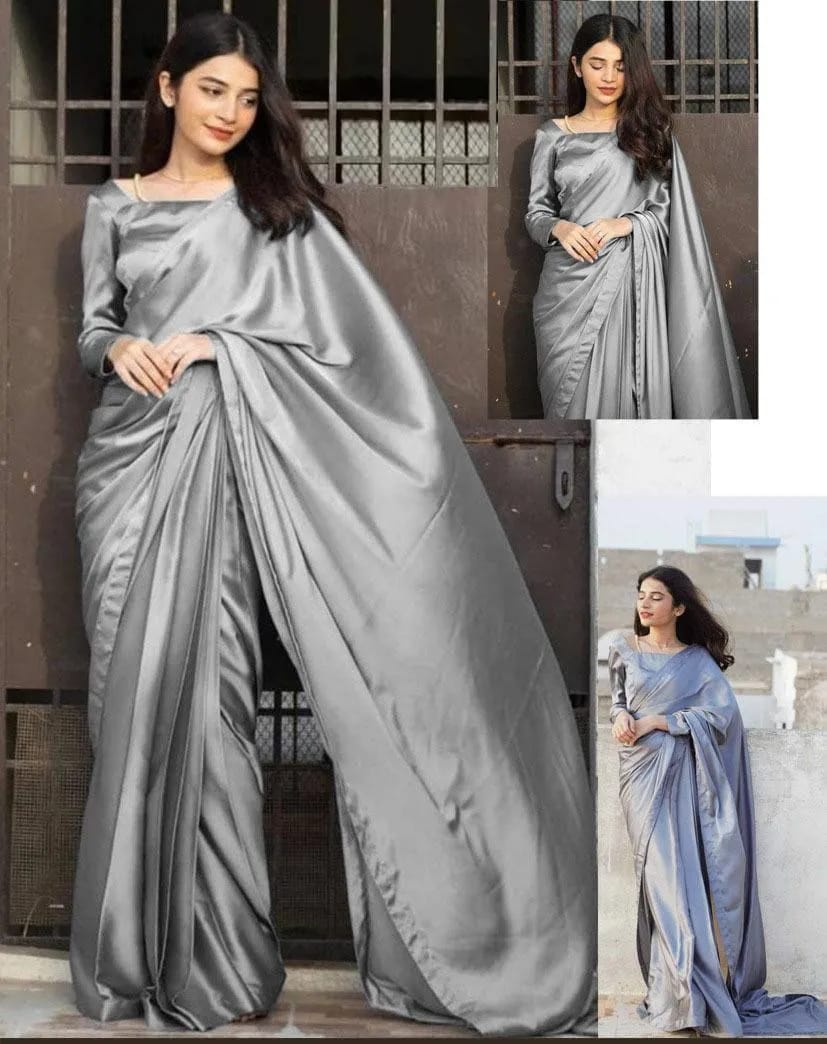 Silver Silk Attached Saree with Petticoat &amp; 7 Yards Stitch