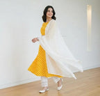 Women Yellow Polka Dot Kurta Set with White