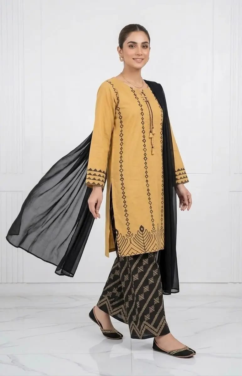 3 Pcs Women's Stitched Cotton Lawn Block Printed