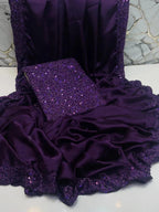 Purple Sequin Embroidered Shamoz Silk Saree Set 7 Yards