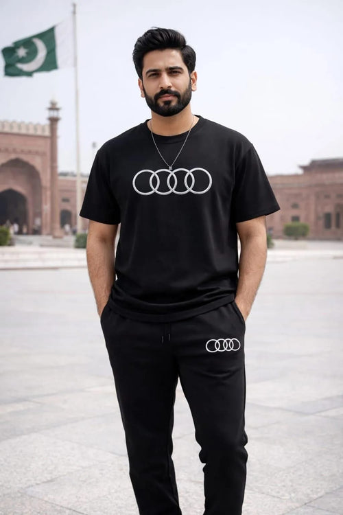 Audi Logo Track Suit Black Slim Fit 2-Piece Set for Men