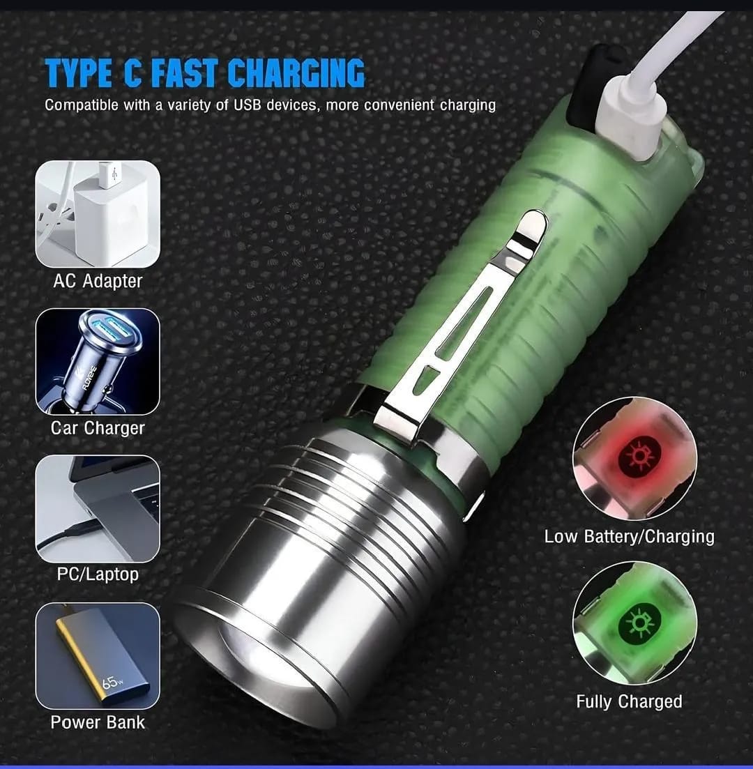 Rechargeable Green LED Flashlight with Type-C Port