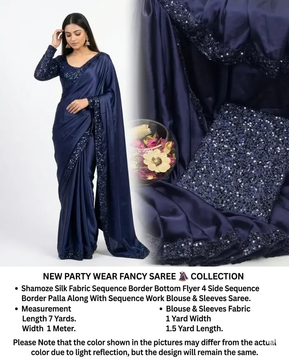 Blue Sequins Embroidered 7 Yard Shamoz Silk Saree