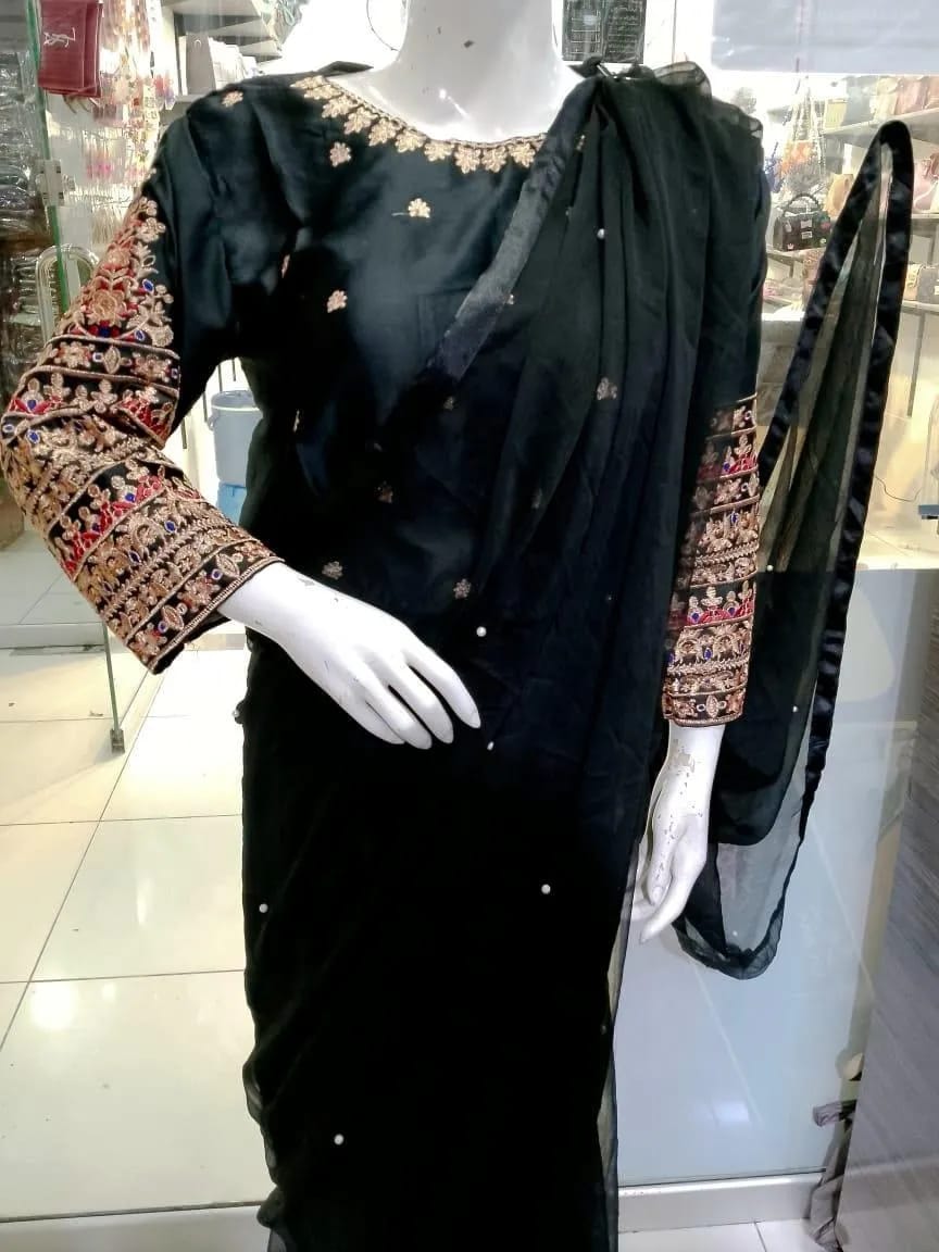 Black Chiffon 3-Piece Saree Set for Eid &amp; Weddings