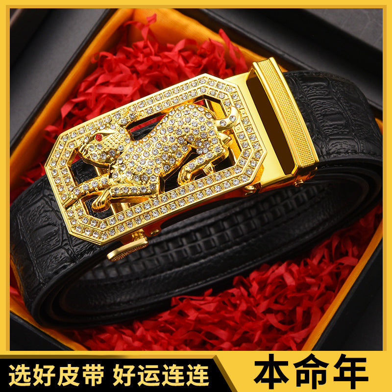 Men Gold Leopard Buckle Crocodile Belt