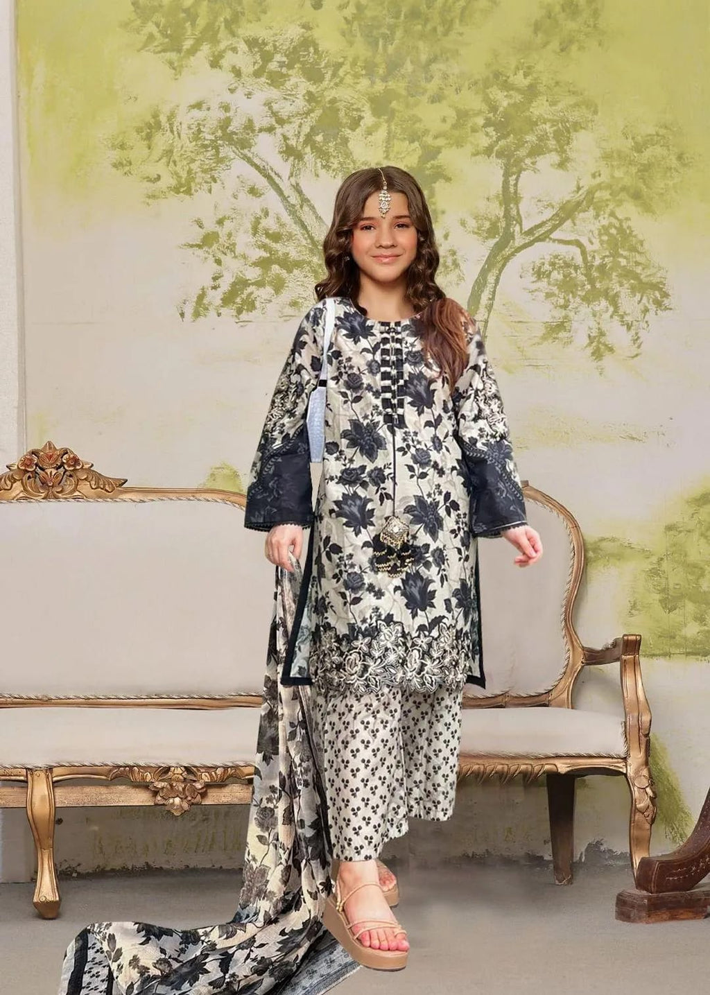 Girls Arabic Lawn Printed Kurta Shalwar Suit Black Grey Floral 3Pc