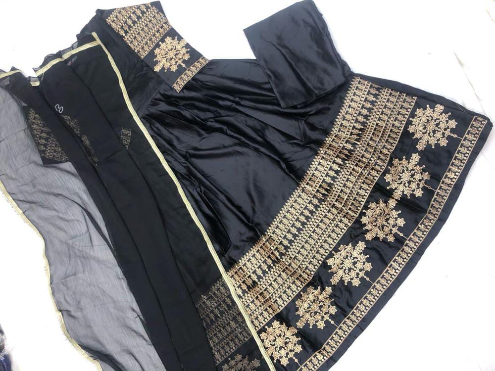 Black Embroidered Shamoz Silk Maxi Set for Women